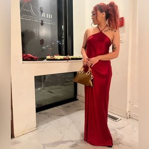 Red satin halter dress